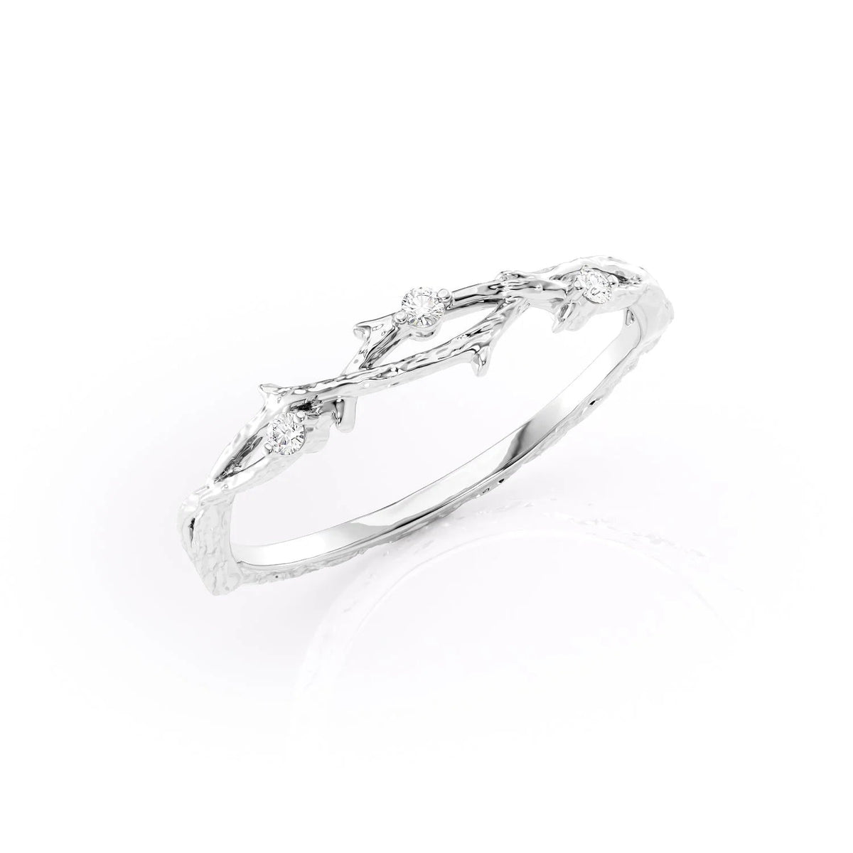 Twig-inspired wedding band with round diamonds – nature-themed and elegant design