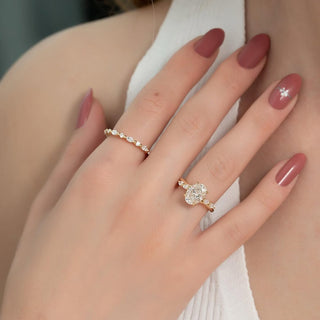 Oval cut CVD lab grown diamond engagement ring with pave band in 14K gold, designed for brilliance and soft romantic lines.