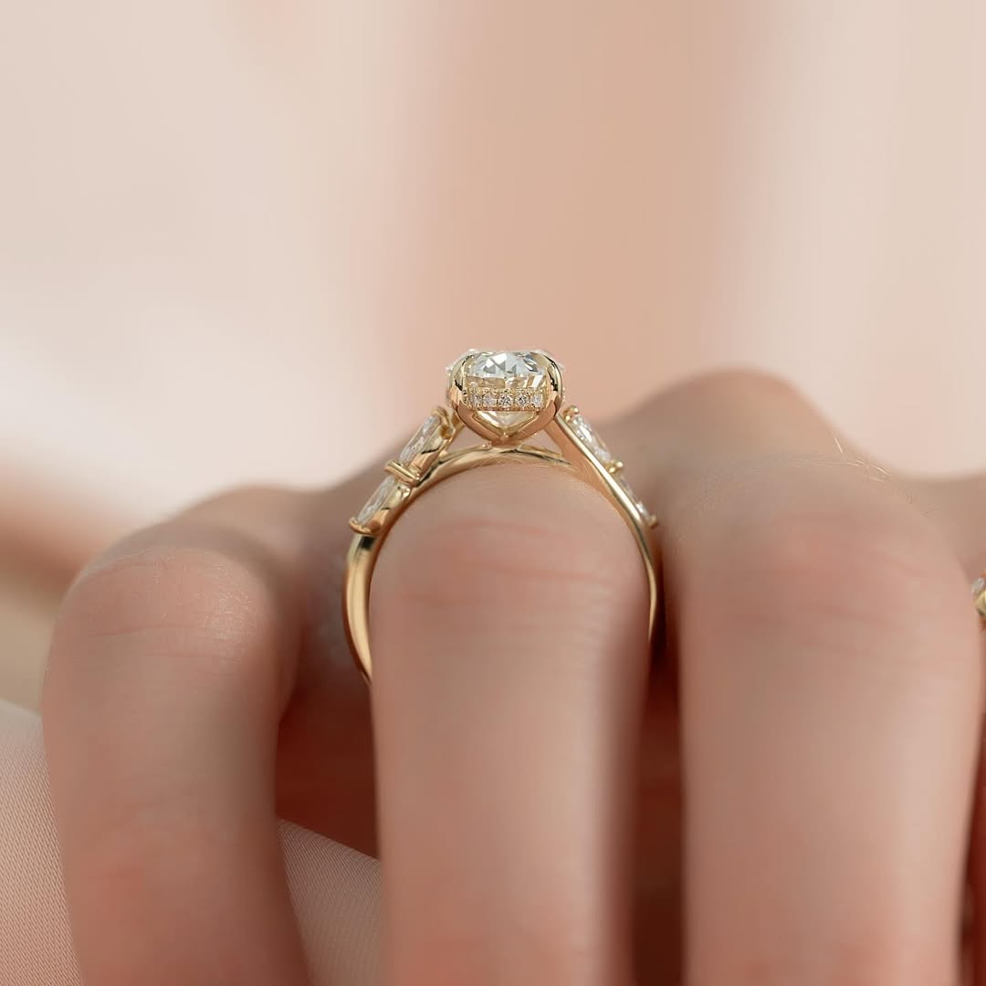 Oval cut CVD lab grown diamond engagement ring with pave band in 14K gold, designed for brilliance and soft romantic lines.