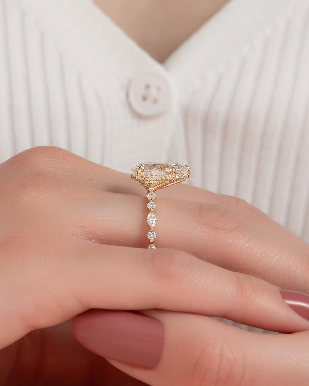 Pear cut CVD lab grown diamond engagement ring with pave band in 14K gold, designed for graceful sparkle and timeless elegance.