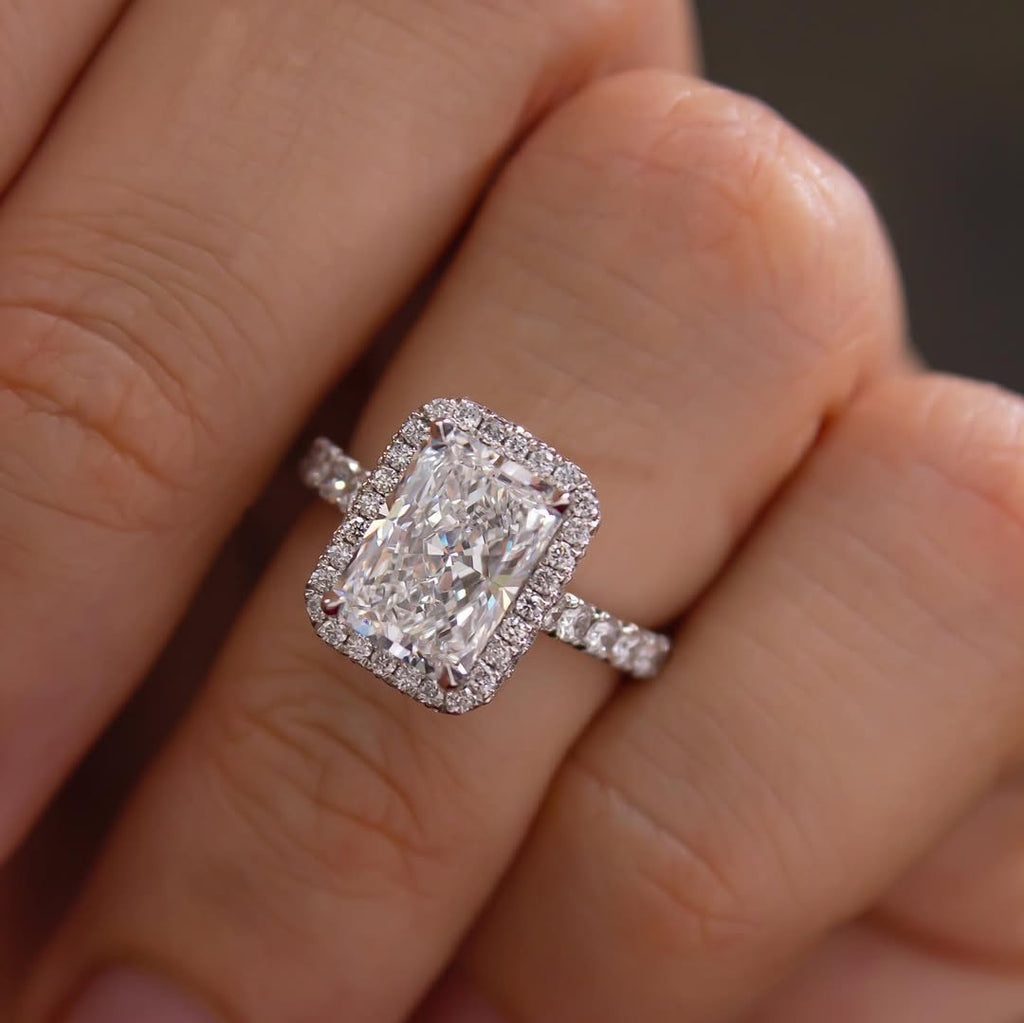 1.00 - 4.23 CT Radiant  Lab Grown Diamond Pave & Halo Style Engagement Ring