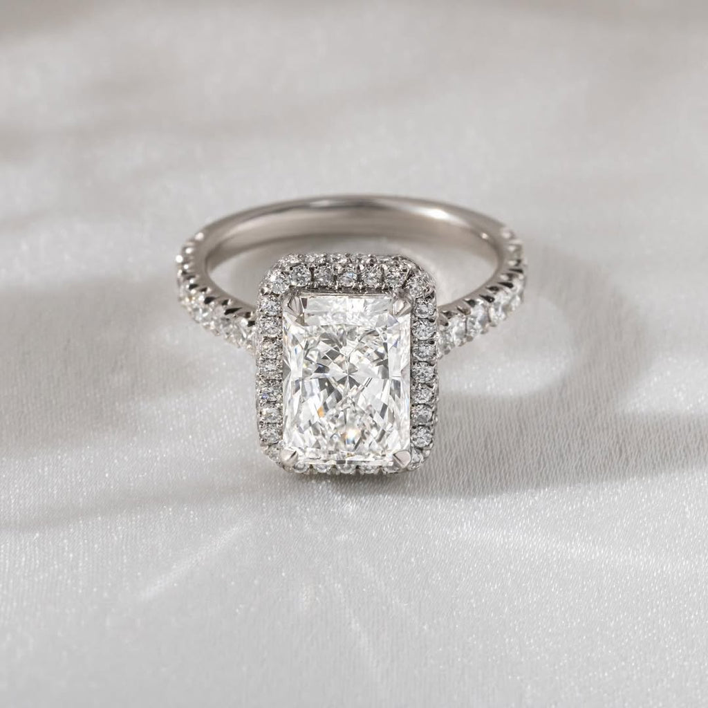 1.00 - 4.23 CT Radiant  Lab Grown Diamond Pave & Halo Style Engagement Ring