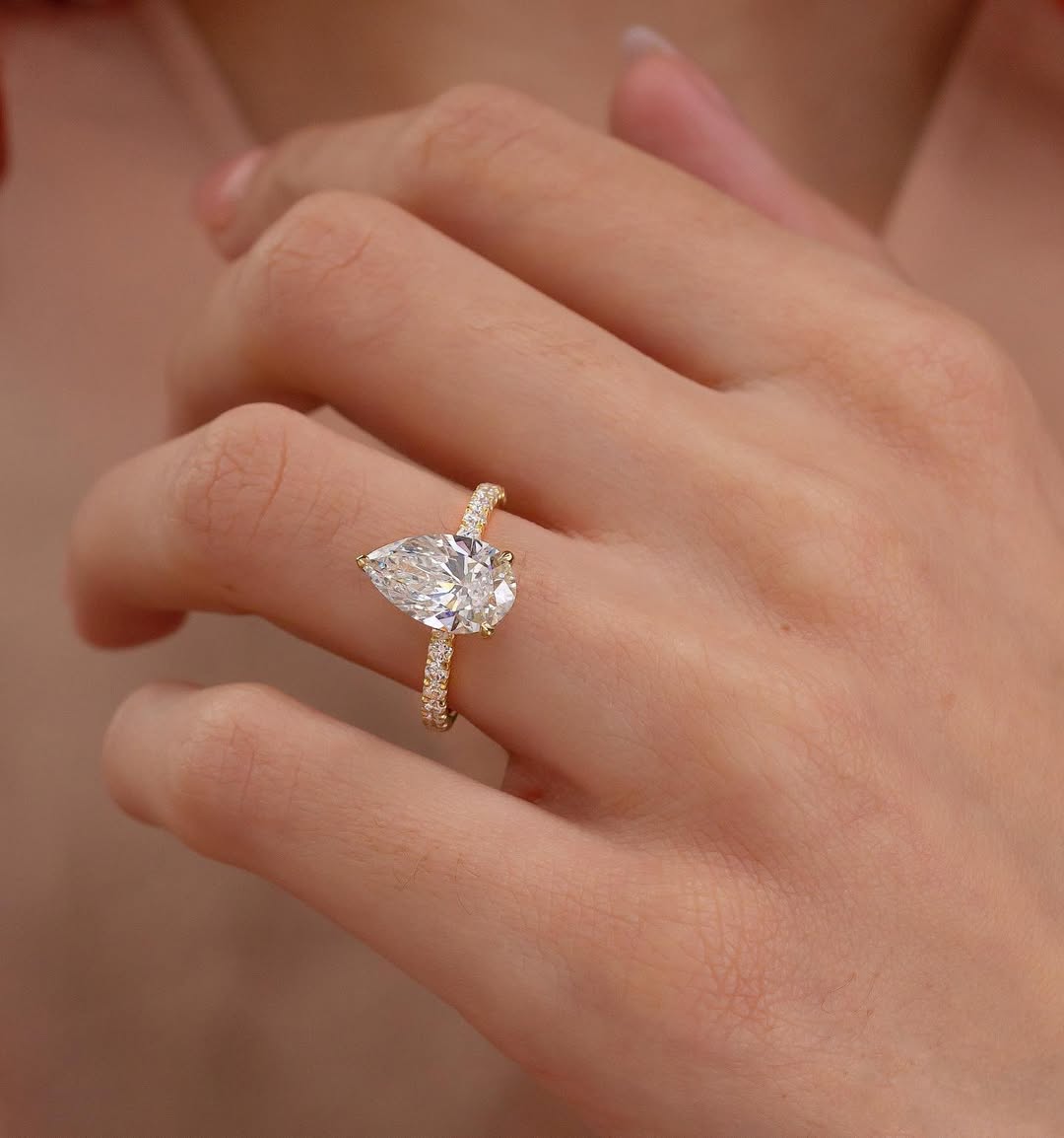 1.0 - 4.50  CT Pear  Lab Grown Diamond Pave Style Engagement Ring