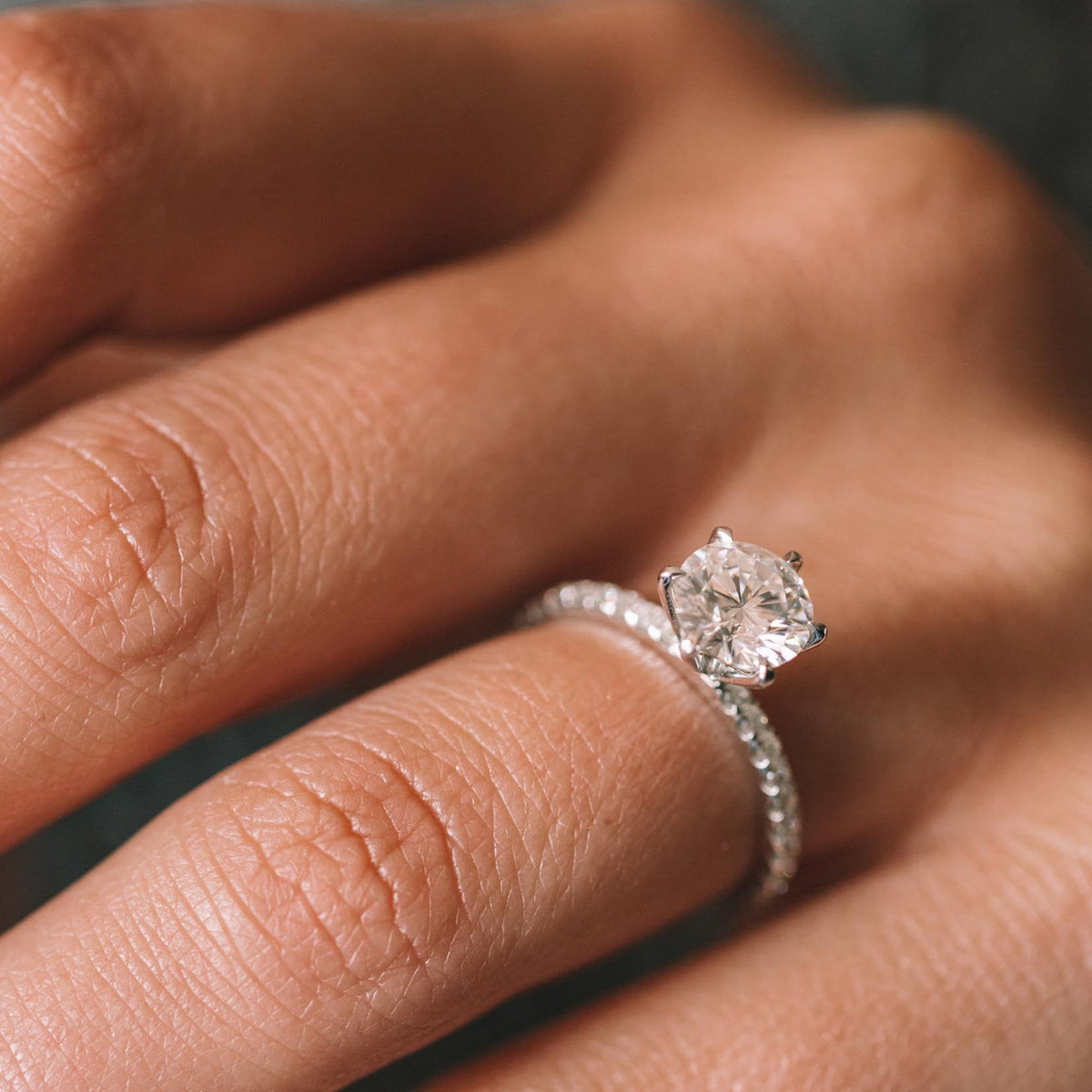 Round Cut Pave Lab Grown Diamond Engagement Ring with sparkling round center and pave band