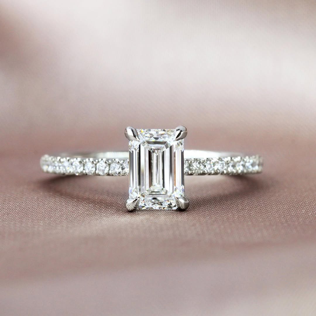 1.0 - 3.0 CT Emerald Lab Grown Diamond Pave Style Engagement Ring