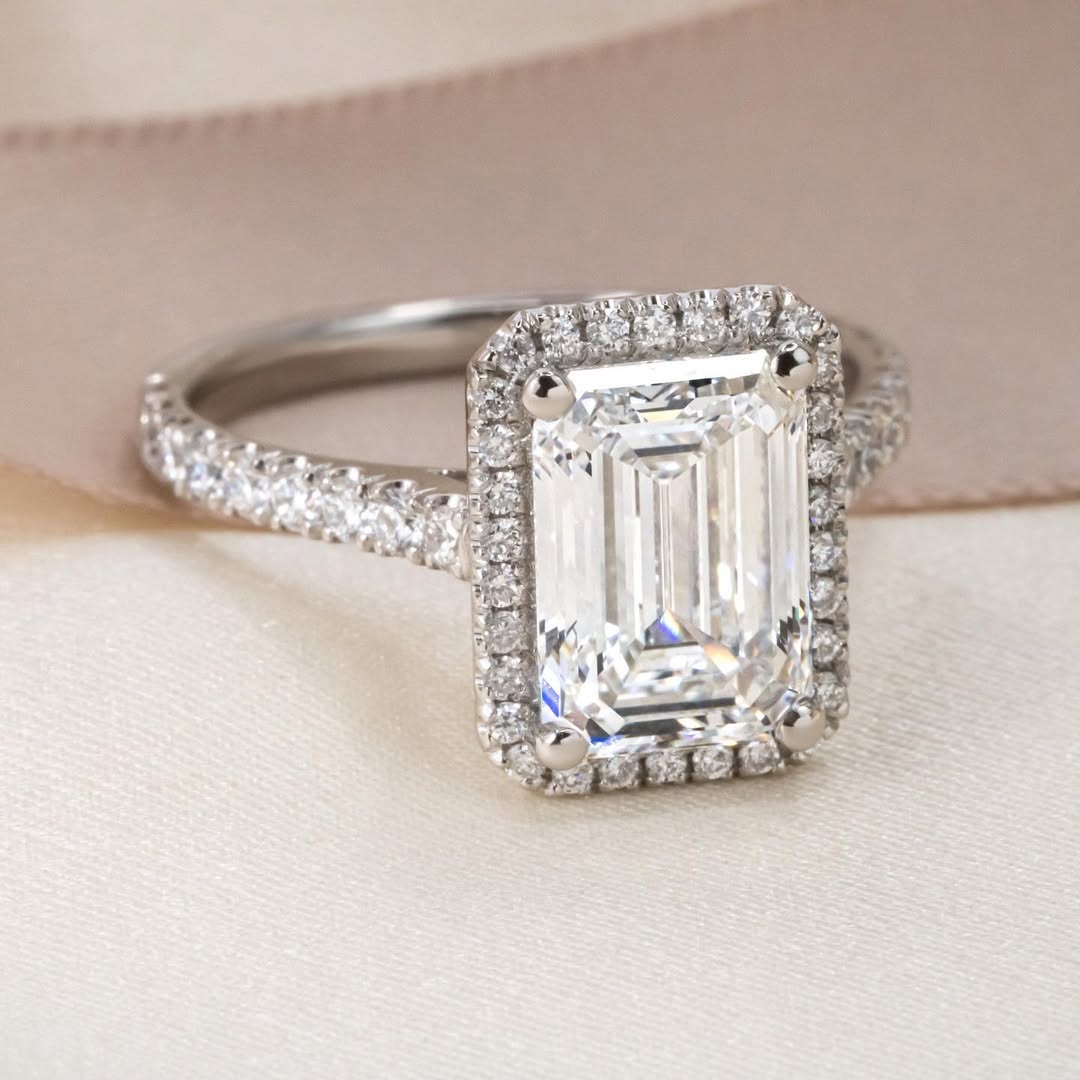 1.0 - 4.0 CT Emerald  Lab Grown Diamond Pave & Halo Style Engagement Ring