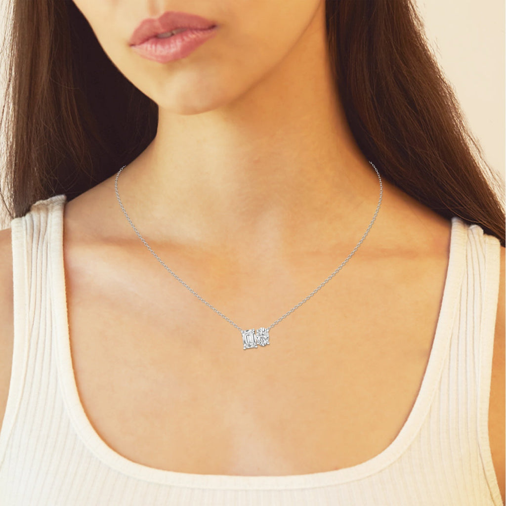 2.40 TCW Emerald & Oval Moissanite Diamond Two Stone Necklace - violetjewels