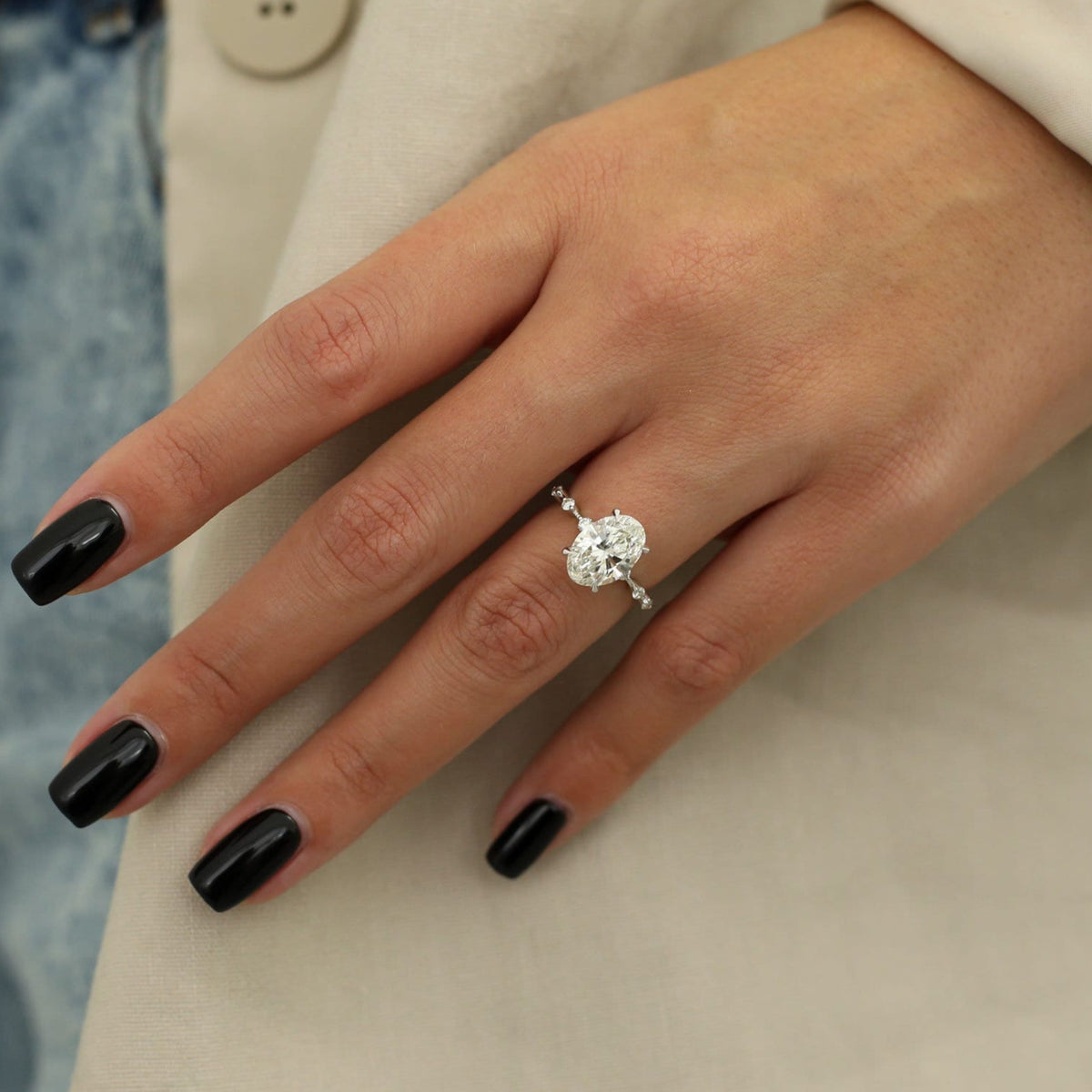 Oval Diamond Dainty Engagement Ring with delicate band and sparkling oval cut diamond