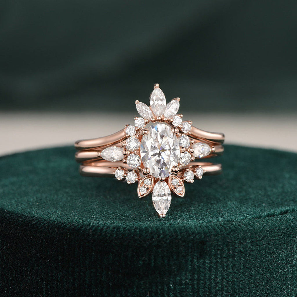 1.0 CT Oval Cut Cluster Art Deco Moissanite Bridal Ring Set - violetjewels