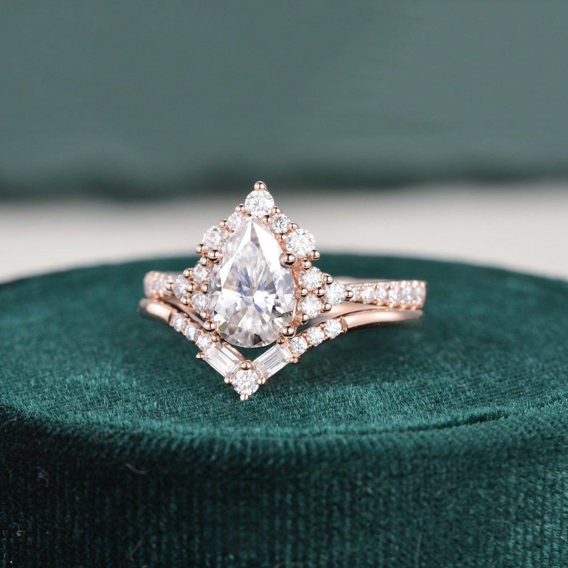 1.50 CT Pear Cut Cluster Art Deco Moissanite Bridal Ring Set - violetjewels