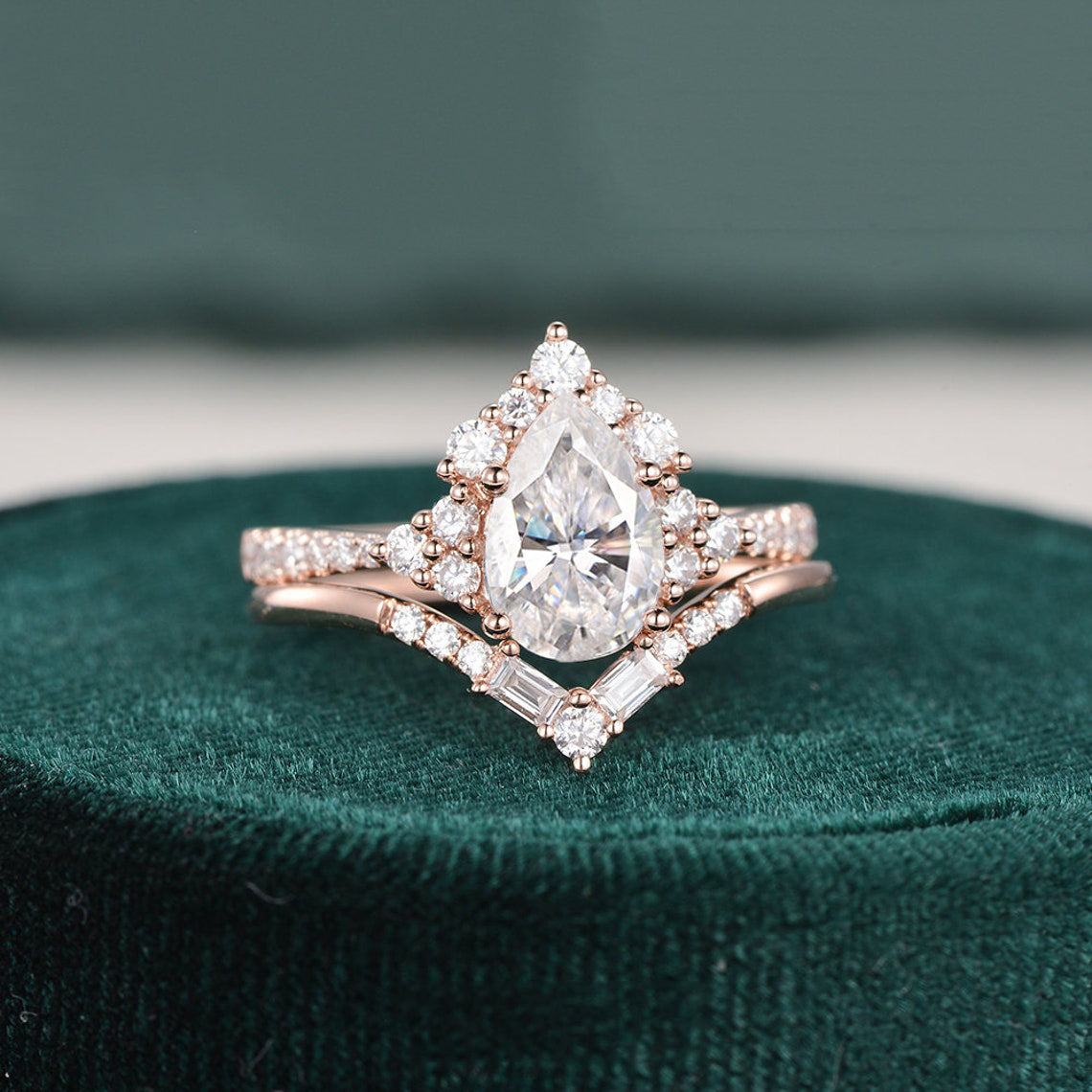 1.50 CT Pear Cut Cluster Art Deco Moissanite Bridal Ring Set - violetjewels
