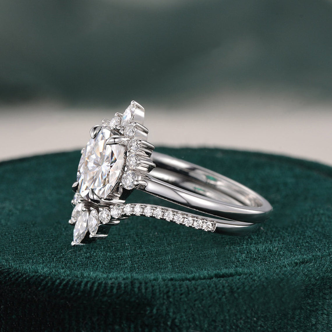 1.50 CT Oval Cut Cluster Art Deco Moissanite Bridal Ring Set - violetjewels