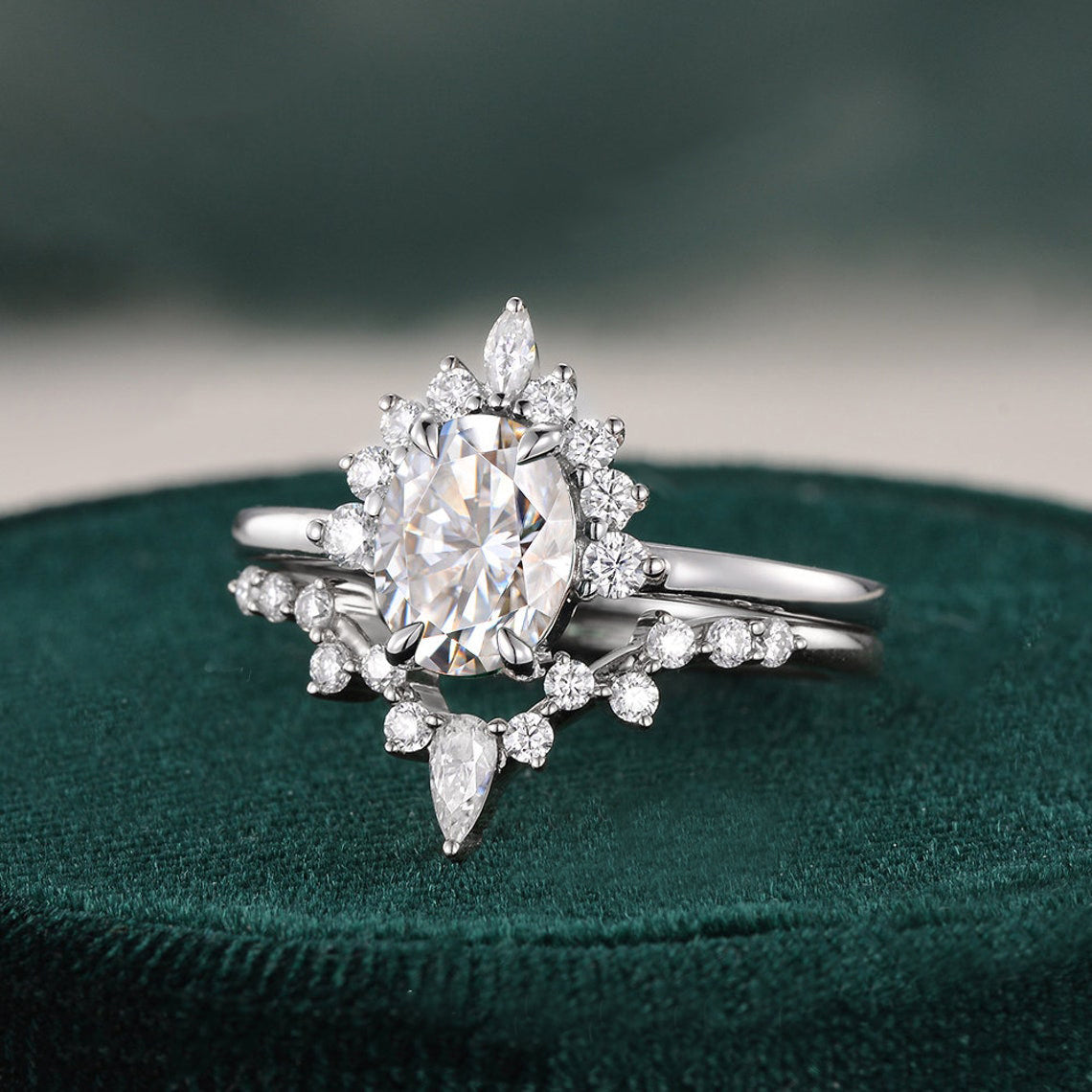 1.50 CT Pear Cut Cluster Moissanite Bridal Ring Set - violetjewels