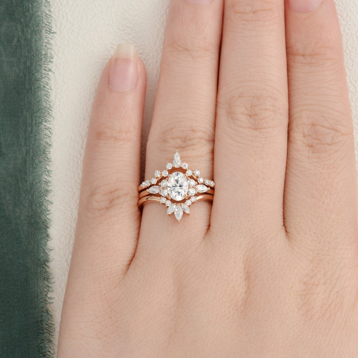 1.0 CT Oval Cut Cluster Halo Moissanite Bridal Ring Set - violetjewels
