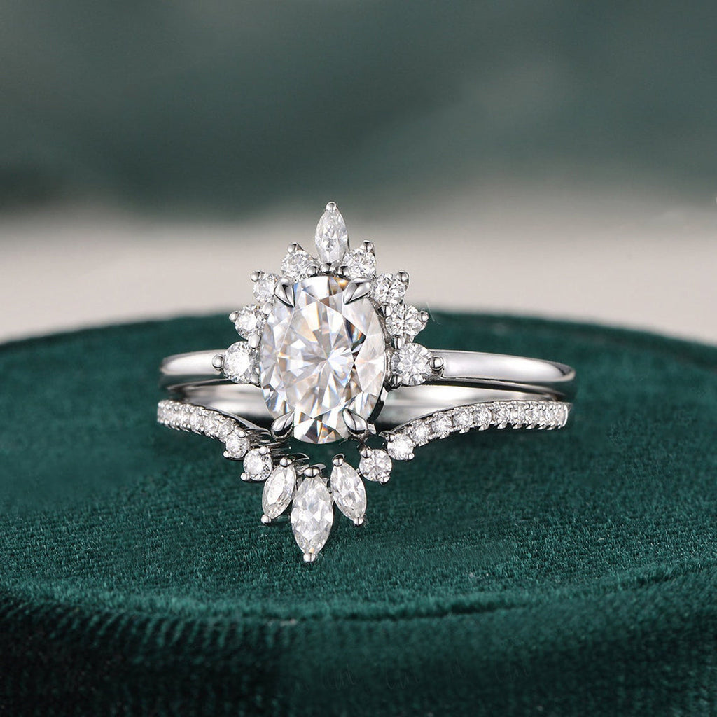 1.50 CT Oval Cut Cluster Art Deco Moissanite Bridal Ring Set - violetjewels