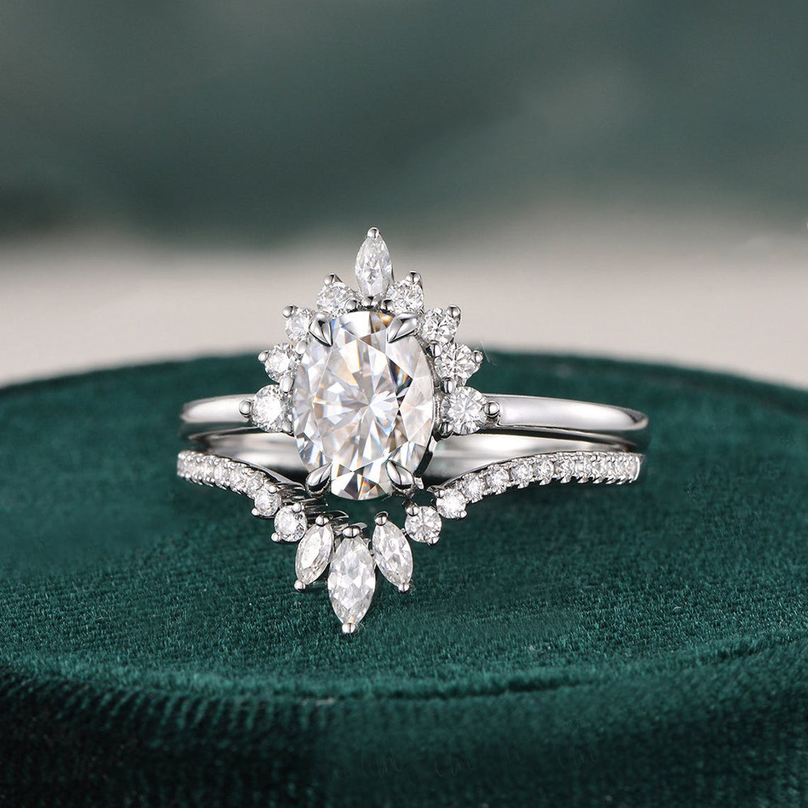 1.50 CT Oval Cut Cluster Art Deco Moissanite Bridal Ring Set - violetjewels