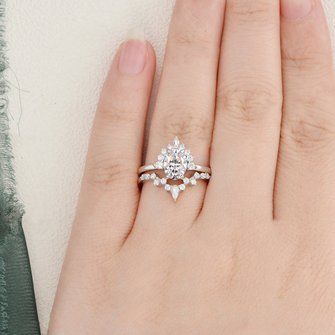 1.50 CT Pear Cut Cluster Moissanite Bridal Ring Set - violetjewels
