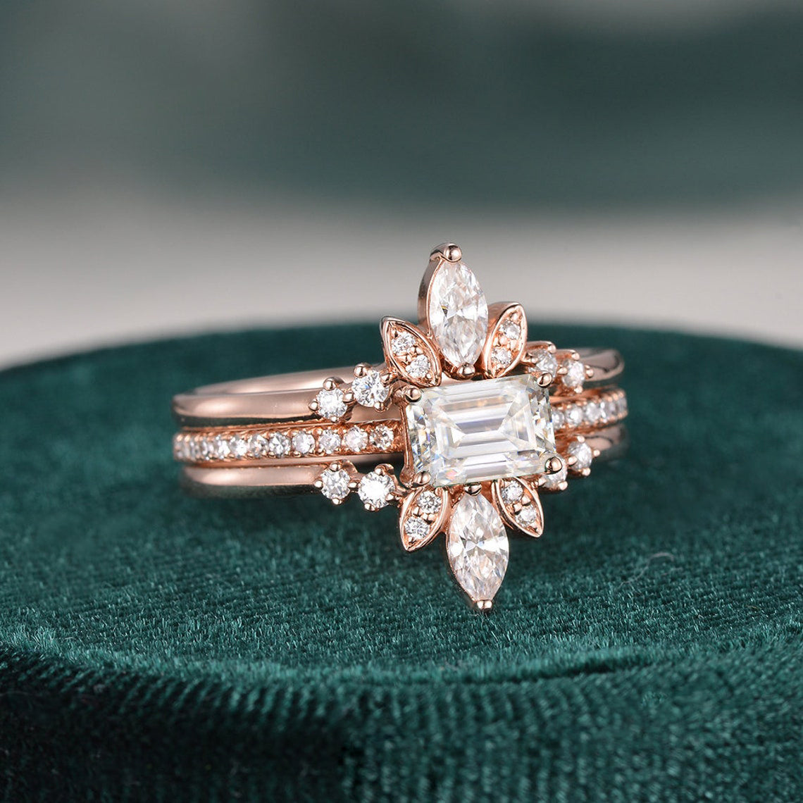 2.0 CT Emerald Cut Solitaire Pave Setting Moissanite Bridal Ring Set - violetjewels