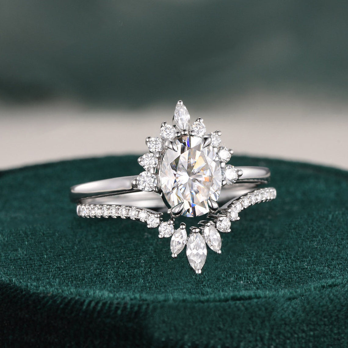1.50 CT Oval Cut Cluster Art Deco Moissanite Bridal Ring Set - violetjewels