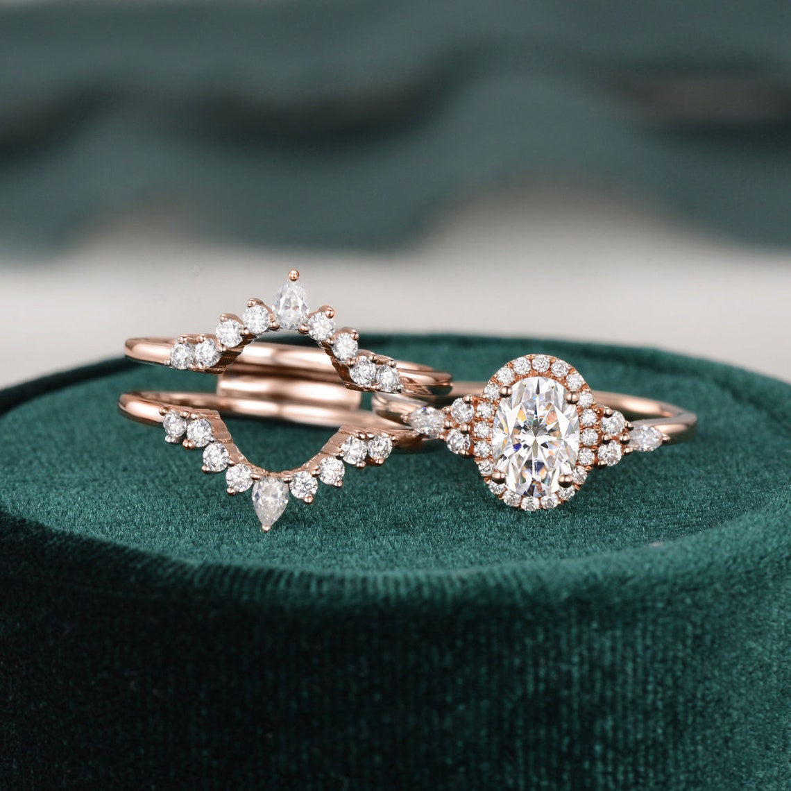 1.0 CT Oval Cut Cluster Halo Moissanite Bridal Ring Set - violetjewels