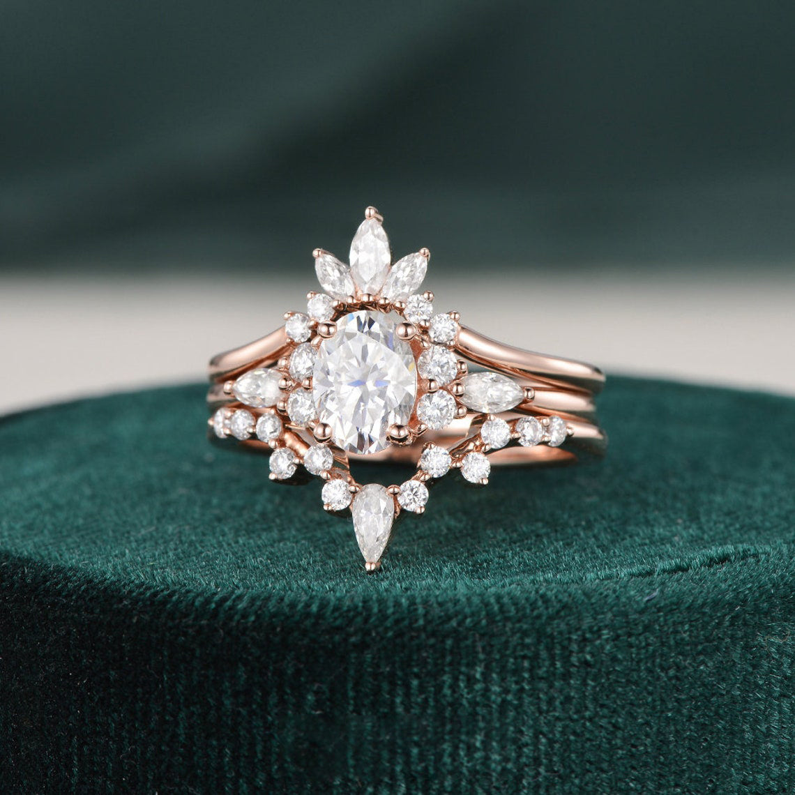 1.0 CT Oval Cut Cluster Halo Moissanite Bridal Ring Set - violetjewels