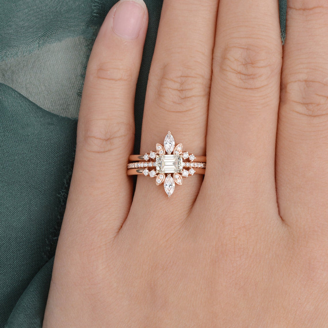 2.0 CT Emerald Cut Solitaire Pave Setting Moissanite Bridal Ring Set - violetjewels