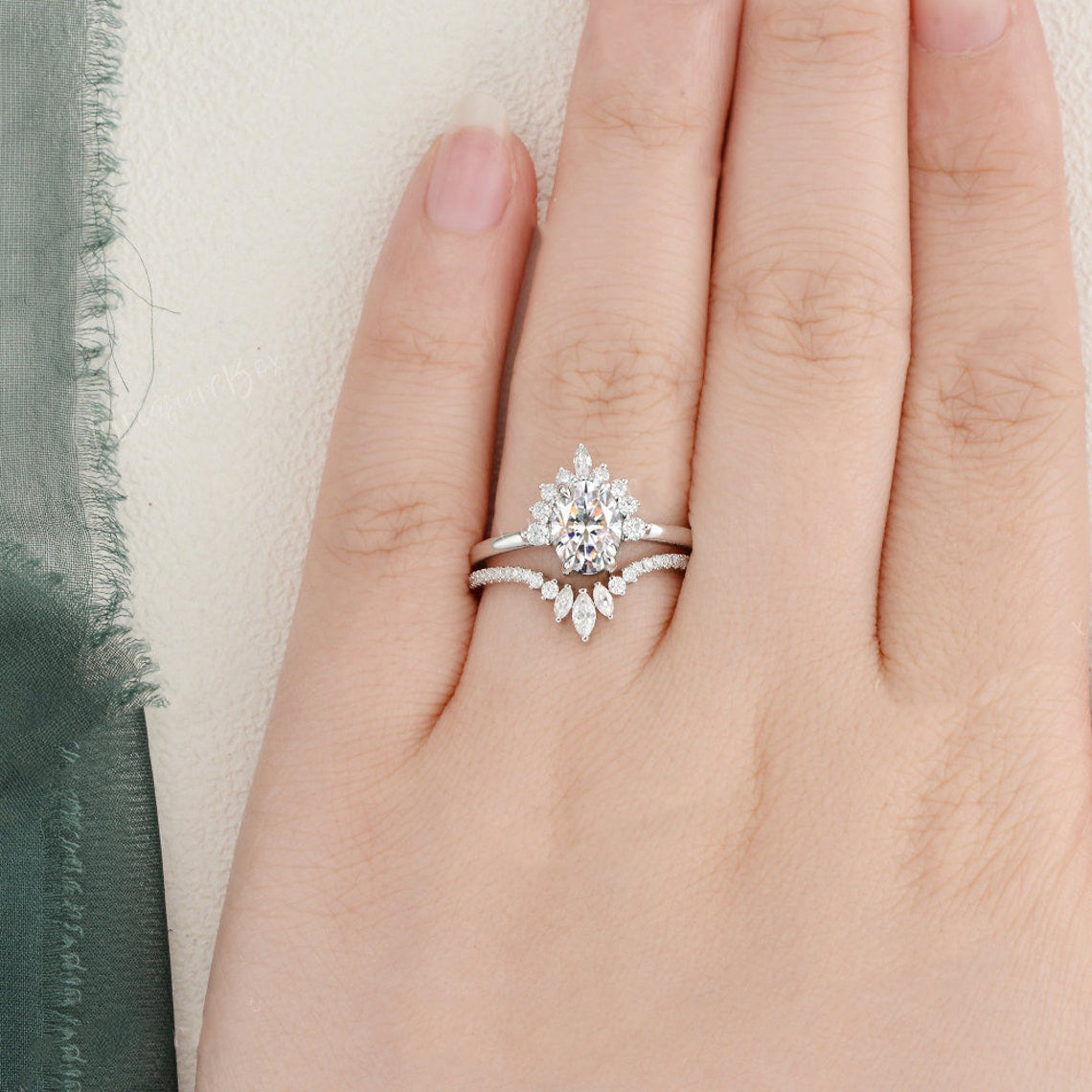 1.50 CT Oval Cut Cluster Art Deco Moissanite Bridal Ring Set - violetjewels