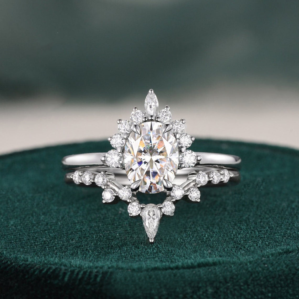 1.50 CT Pear Cut Cluster Moissanite Bridal Ring Set - violetjewels
