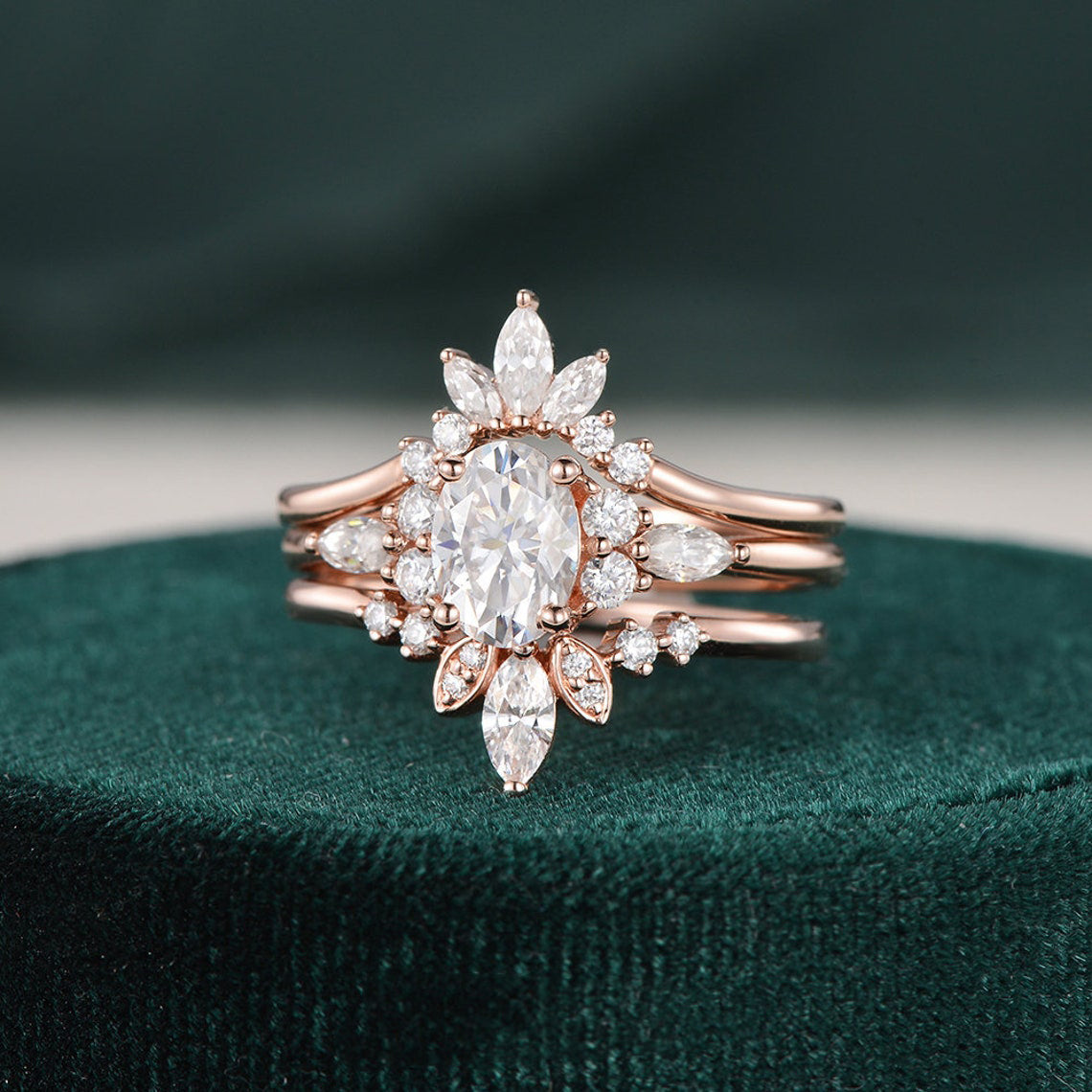1.0 CT Oval Cut Cluster Art Deco Moissanite Bridal Ring Set - violetjewels