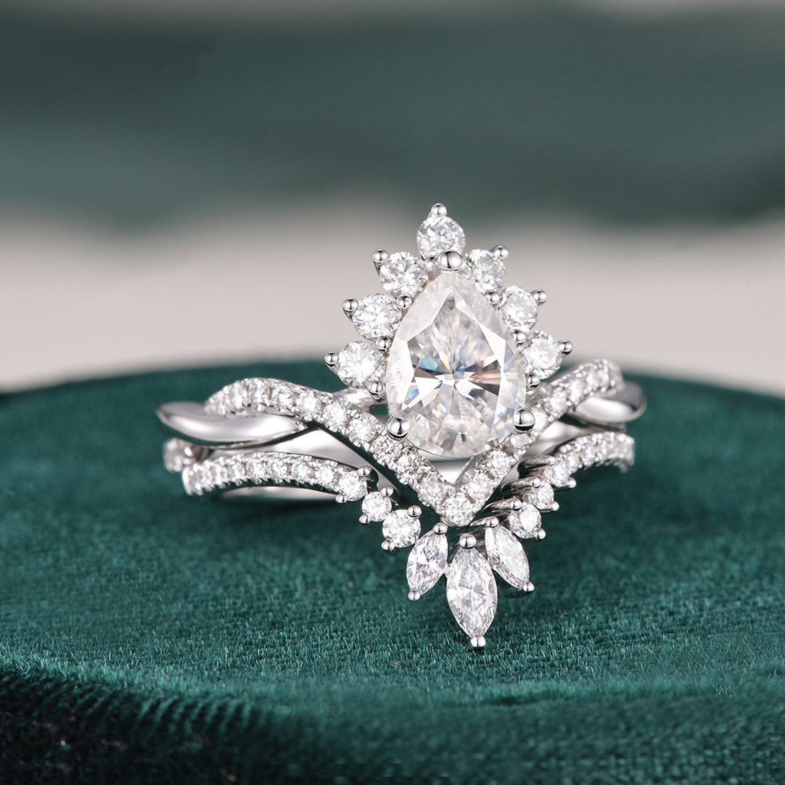 1.50 CT Pear Cut Twisted Art Deco Moissanite Bridal Ring Set - violetjewels