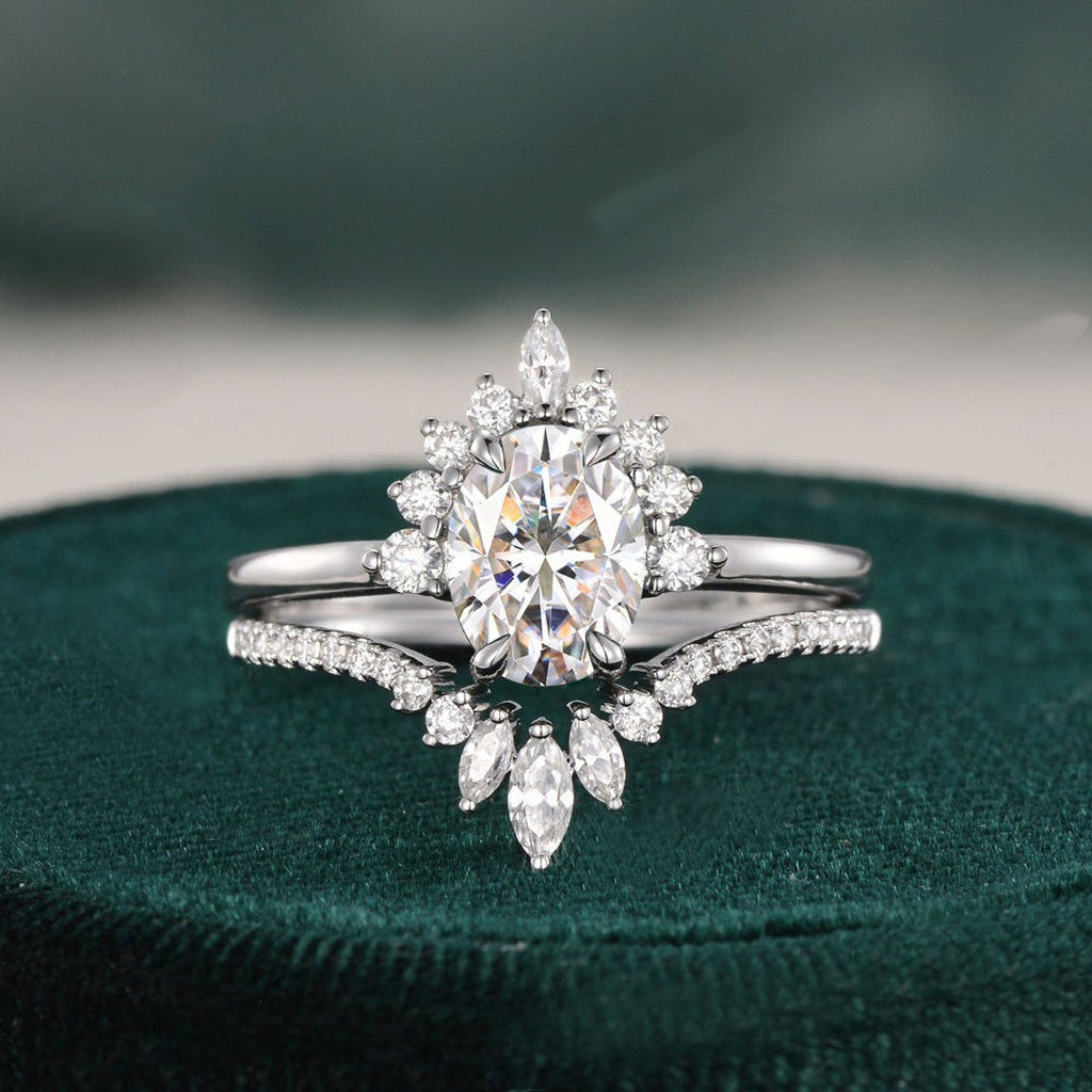 1.50 CT Oval Cut Cluster Art Deco Moissanite Bridal Ring Set - violetjewels