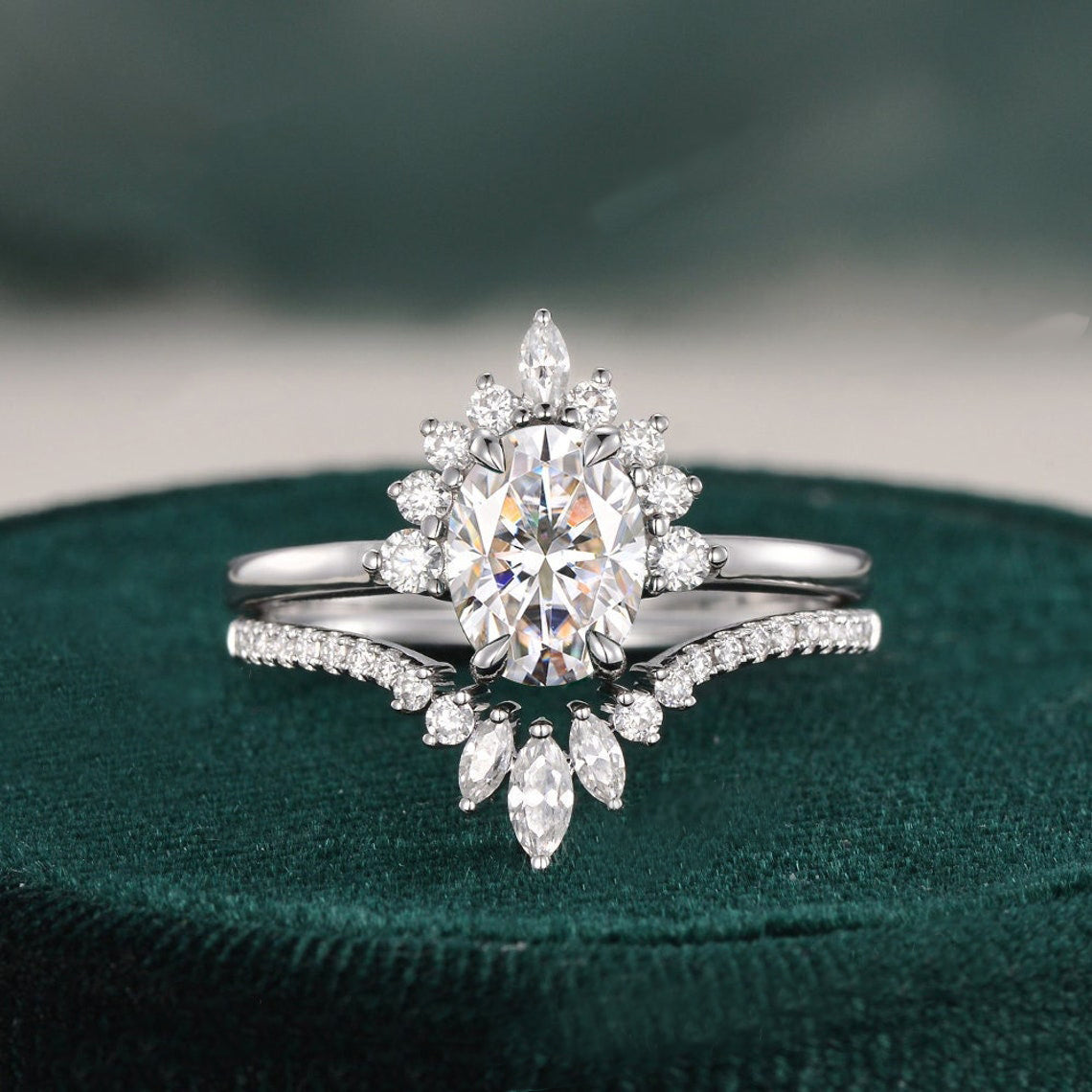 1.50 CT Oval Cut Cluster Art Deco Moissanite Bridal Ring Set - violetjewels