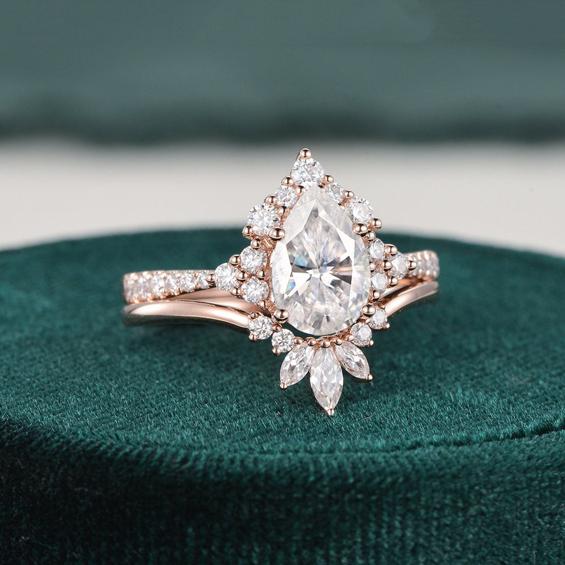 1.50 CT Pear Cut Cluster Moissanite Bridal Ring Set - violetjewels