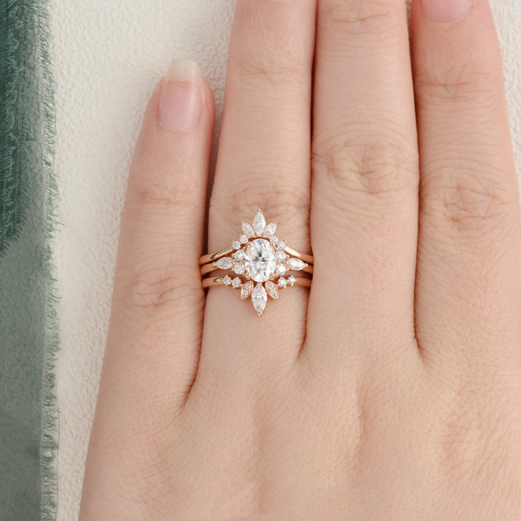 1.0 CT Oval Cut Cluster Art Deco Moissanite Bridal Ring Set - violetjewels