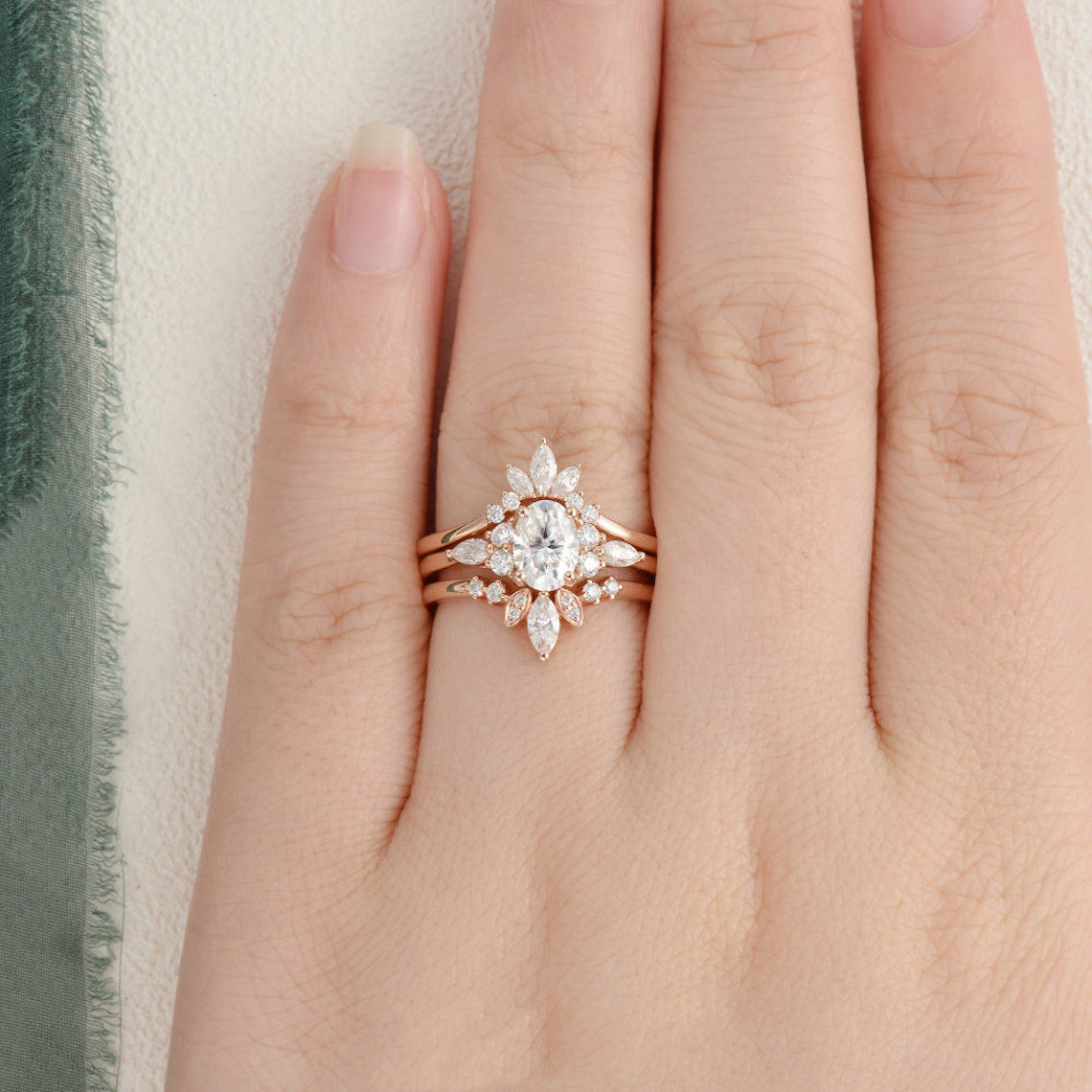 1.0 CT Oval Cut Cluster Art Deco Moissanite Bridal Ring Set - violetjewels