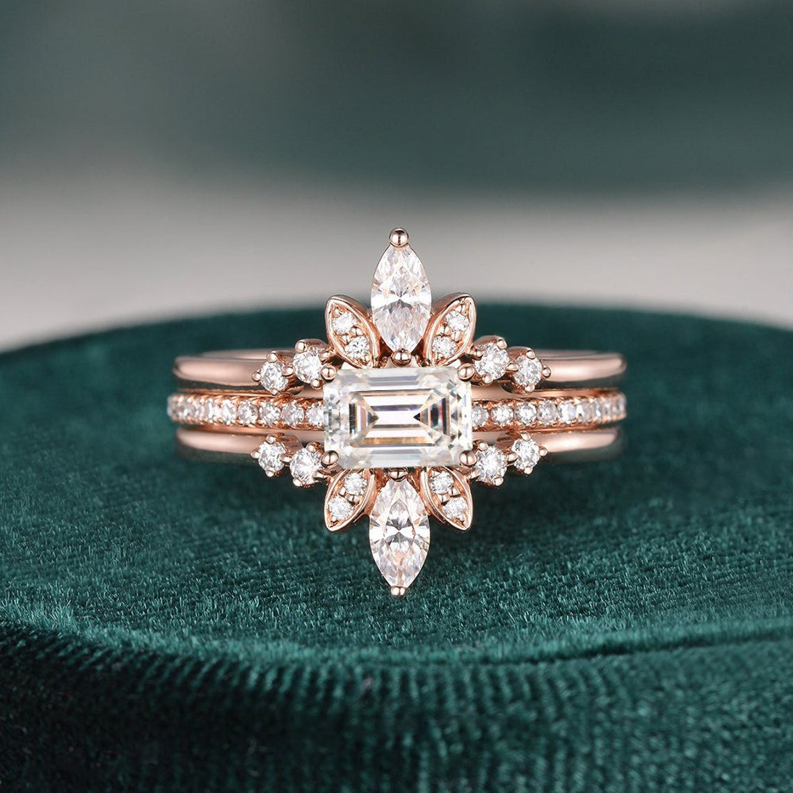 2.0 CT Emerald Cut Solitaire Pave Setting Moissanite Bridal Ring Set - violetjewels