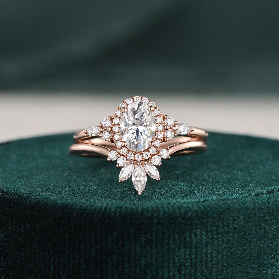 2.0 CT Oval Cut Cluster Halo Moissanite Bridal Ring Set - violetjewels