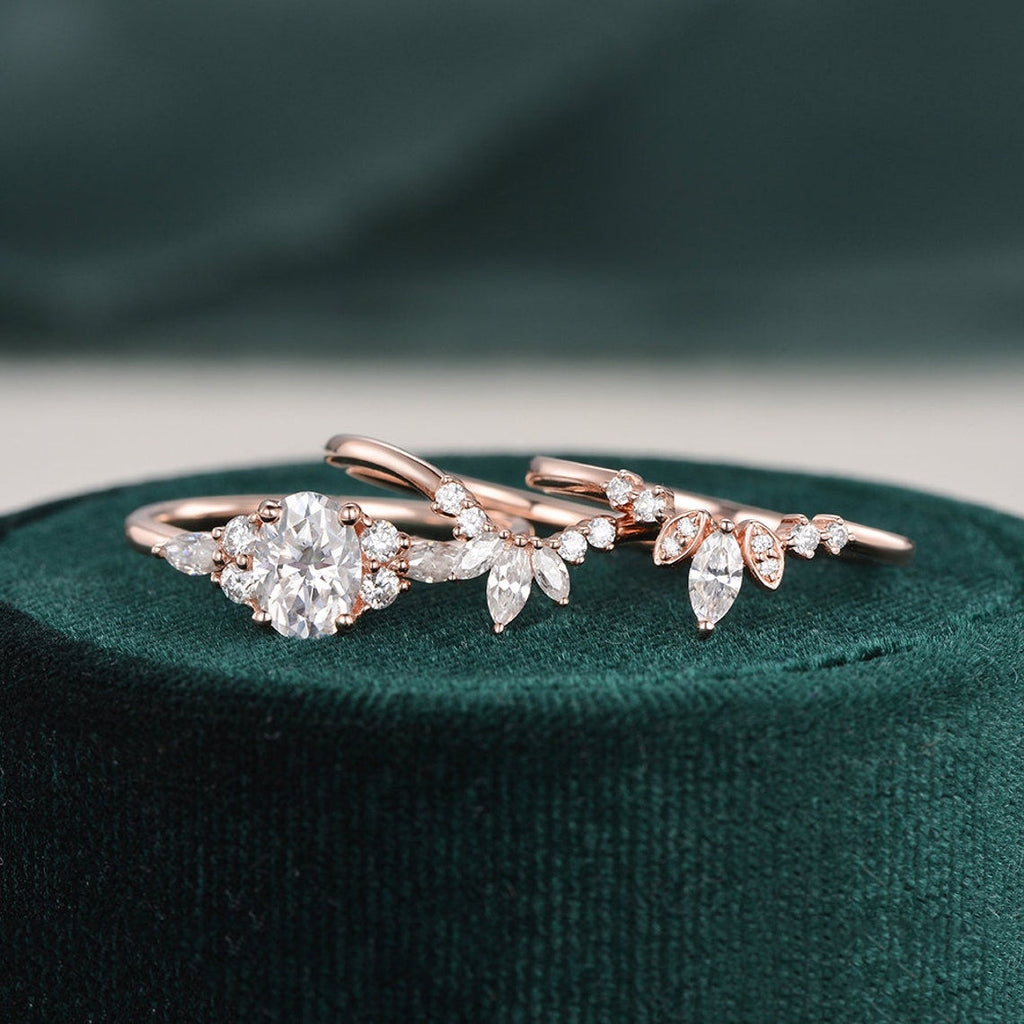 1.0 CT Oval Cut Cluster Art Deco Moissanite Bridal Ring Set - violetjewels