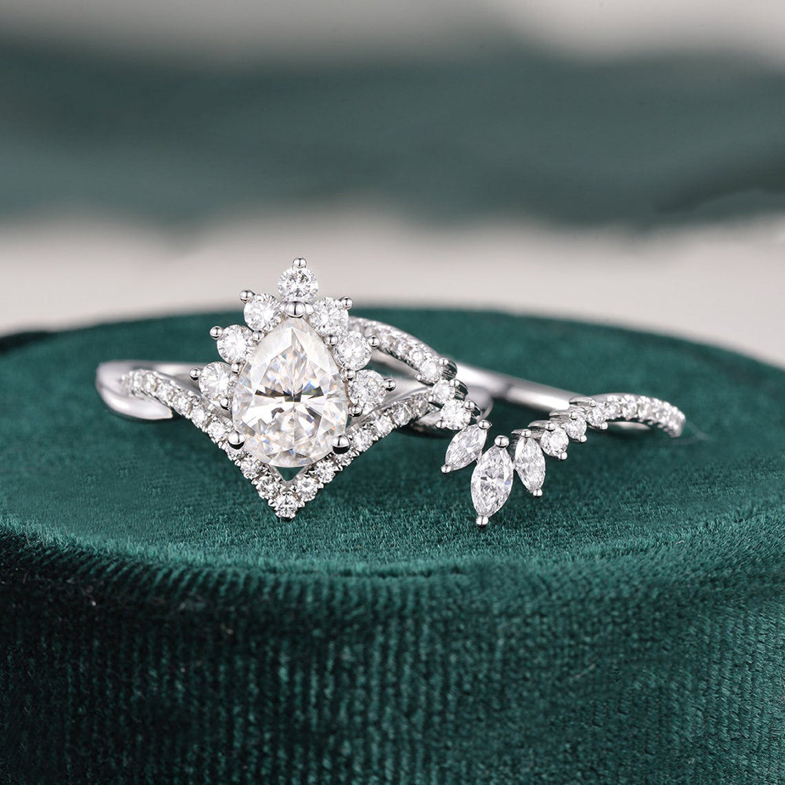 1.50 CT Pear Cut Twisted Art Deco Moissanite Bridal Ring Set - violetjewels