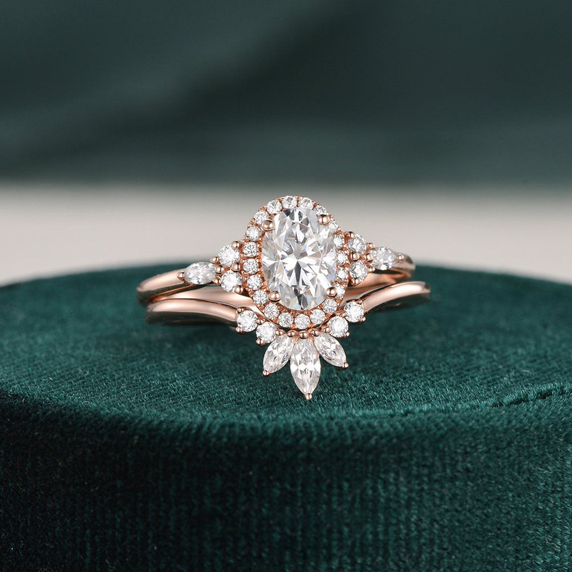 2.0 CT Oval Cut Cluster Halo Moissanite Bridal Ring Set - violetjewels