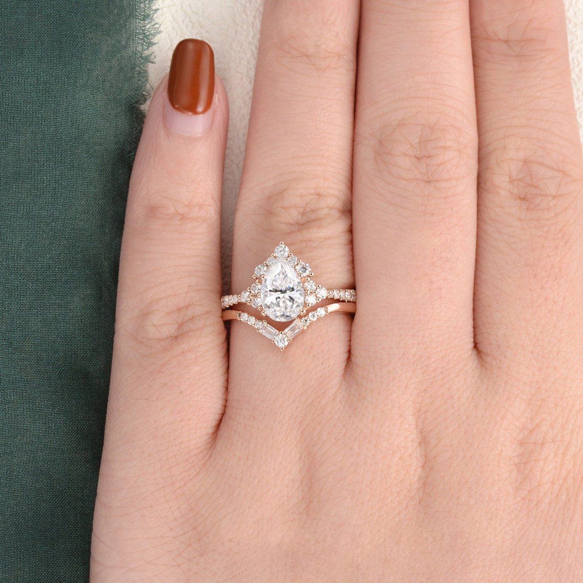 1.50 CT Pear Cut Cluster Art Deco Moissanite Bridal Ring Set - violetjewels