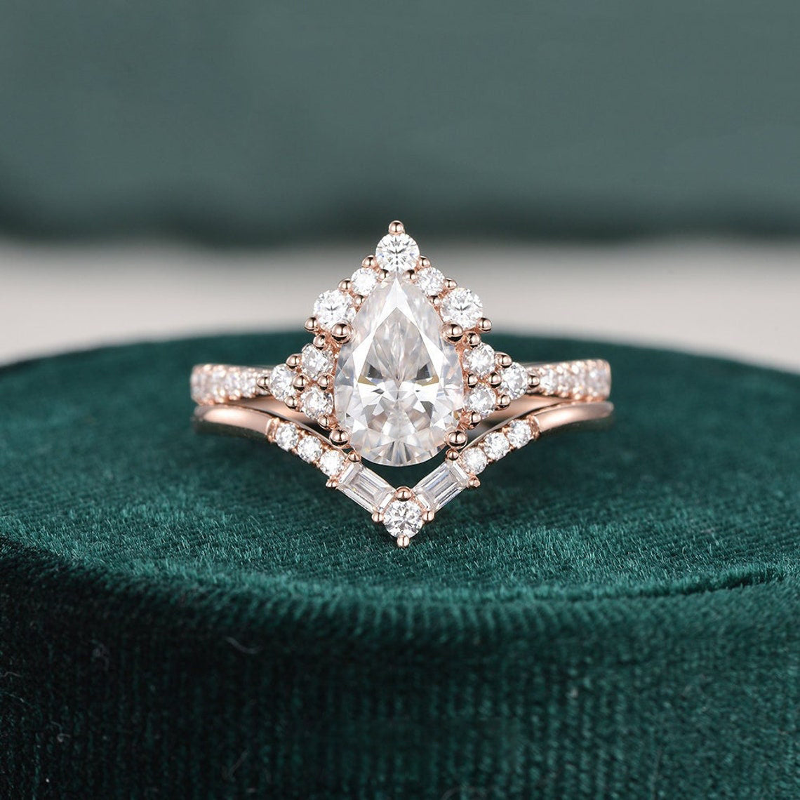 1.50 CT Pear Cut Cluster Art Deco Moissanite Bridal Ring Set - violetjewels