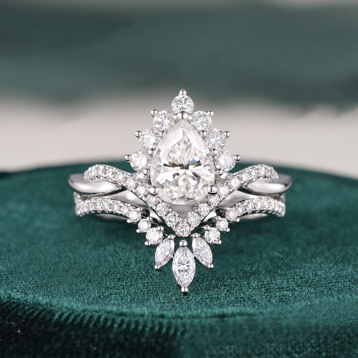 1.50 CT Pear Cut Twisted Art Deco Moissanite Bridal Ring Set - violetjewels