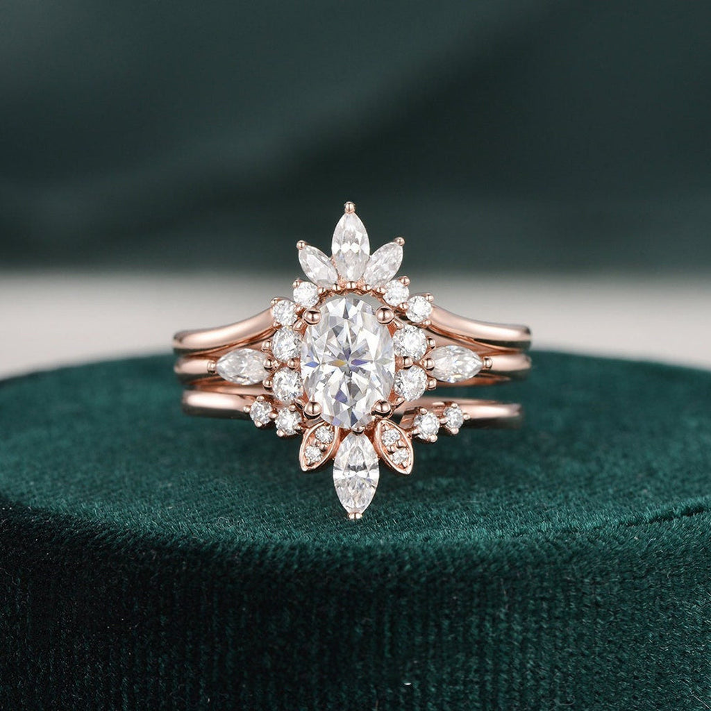 1.0 CT Oval Cut Cluster Art Deco Moissanite Bridal Ring Set - violetjewels