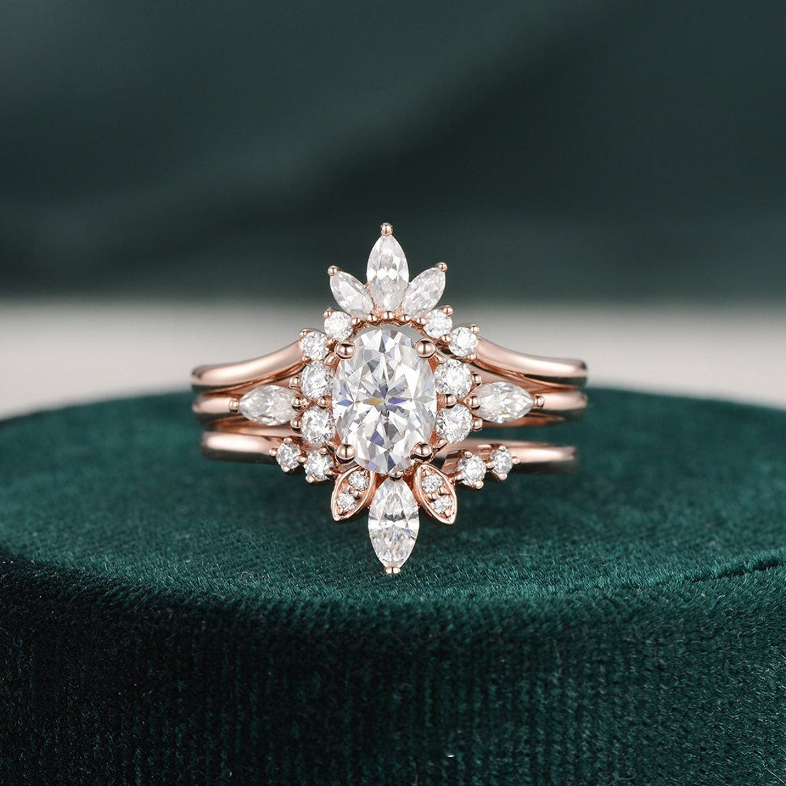 1.0 CT Oval Cut Cluster Art Deco Moissanite Bridal Ring Set - violetjewels