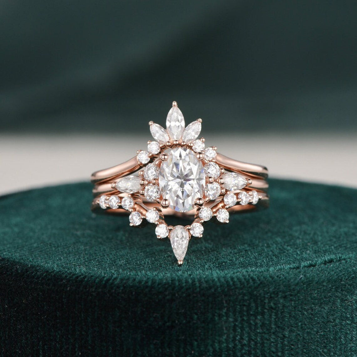 1.0 CT Oval Cut Cluster Halo Moissanite Bridal Ring Set - violetjewels