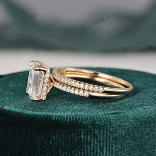 1.50 CT Emerald Cut Hidden Halo Moissanite Bridal Ring Set - violetjewels
