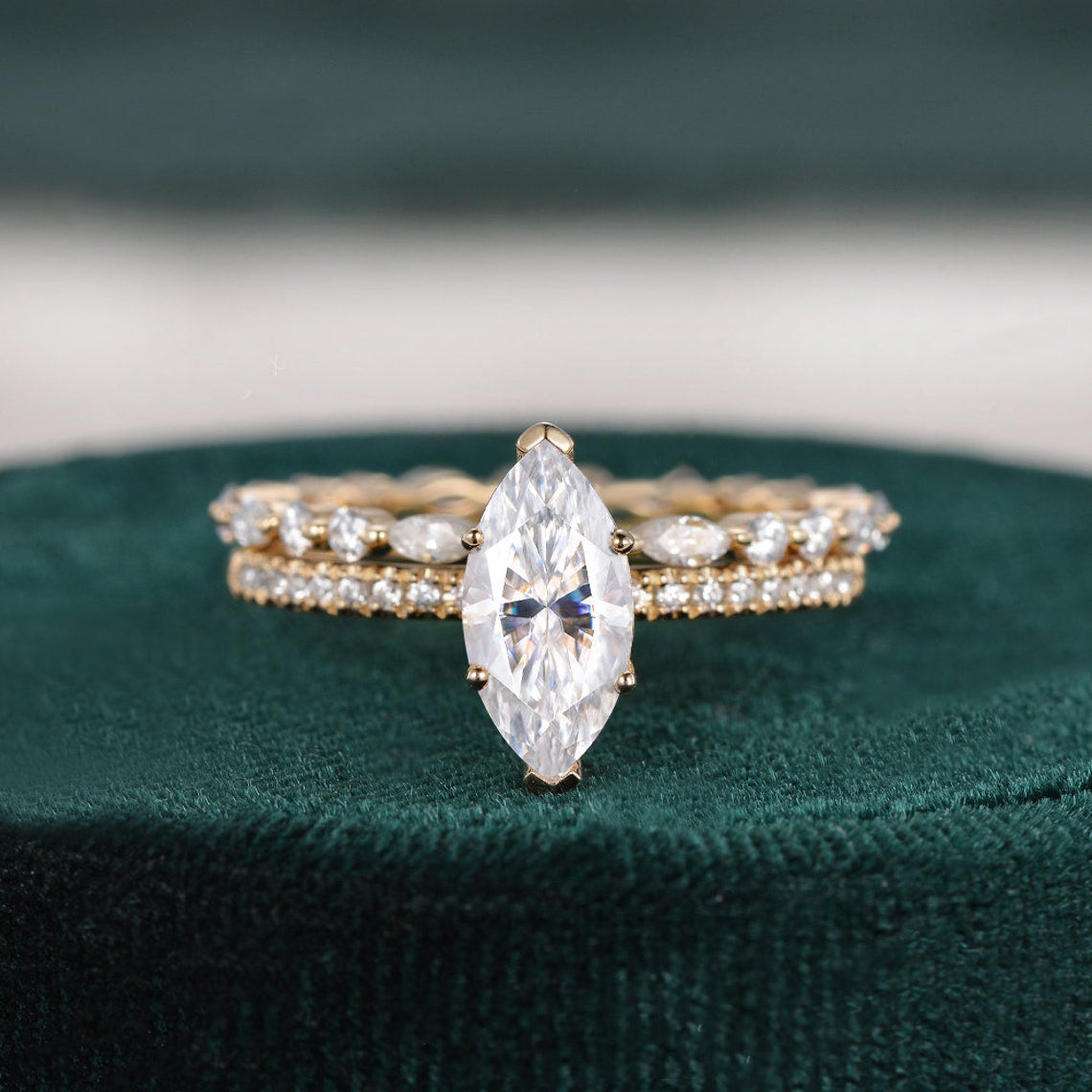 1.0 CT Marquise Cut Solitaire Pave Moissanite Bridal Ring Set - violetjewels