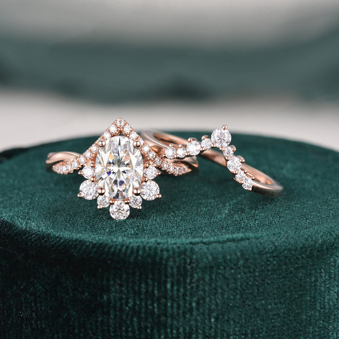 1.50 CT Oval Cut Cluster Moissanite Bridal Ring Set - violetjewels
