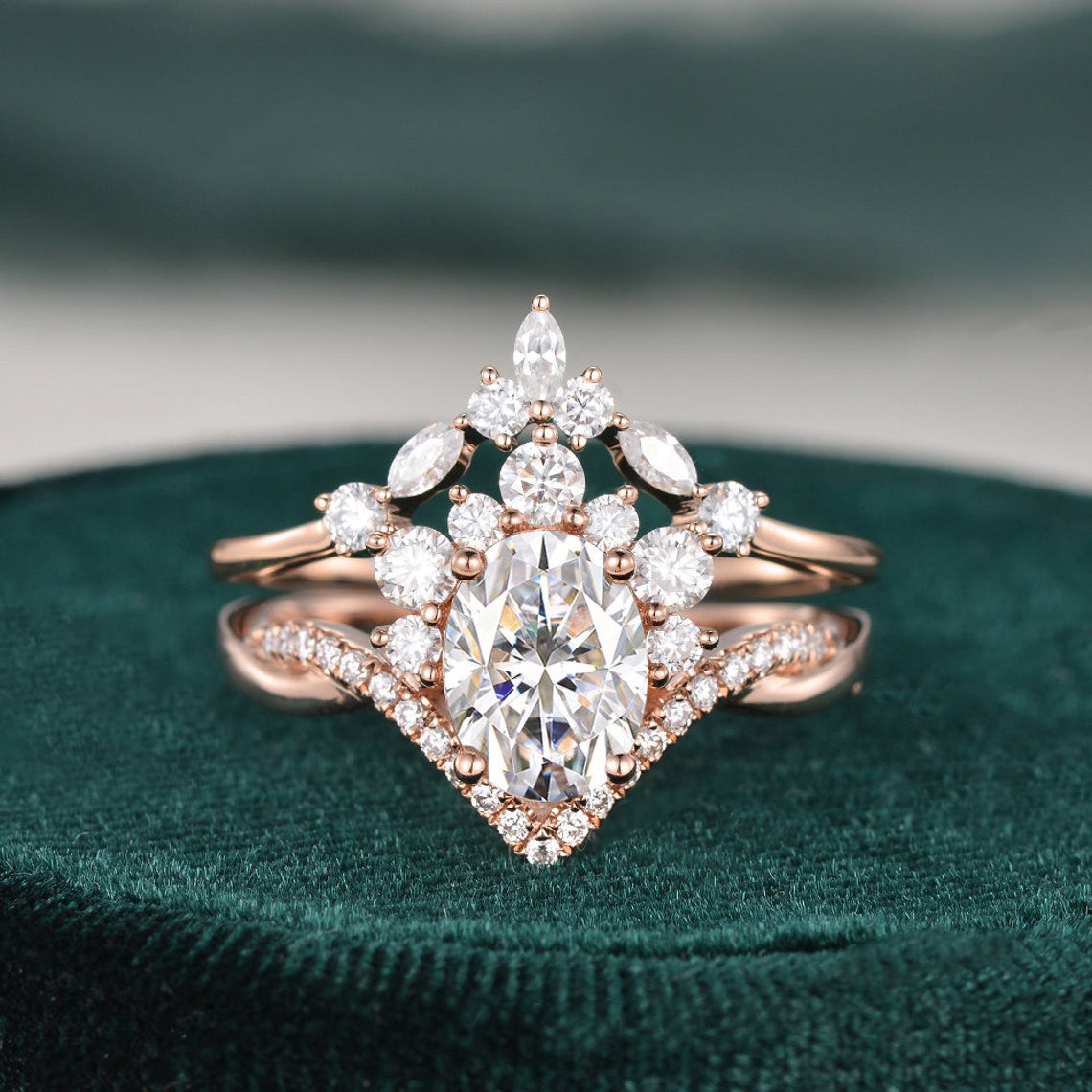1.50 CT Oval Cut Twisted Art Deco Moissanite Bridal Ring Set - violetjewels